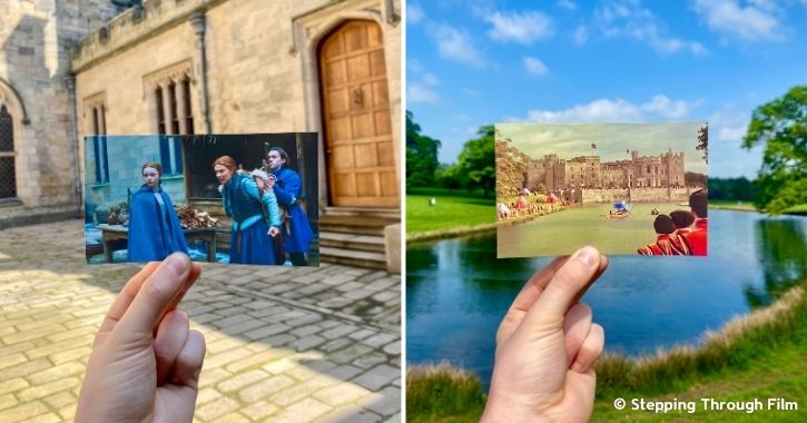 man holds up photos of movie scenes from Dansel and Elizabeth movies which were filmed at Raby Castle.